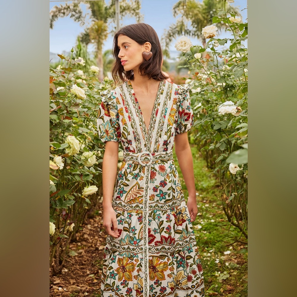 Farm Rio Off-White Botanicals Belted Midi Dress